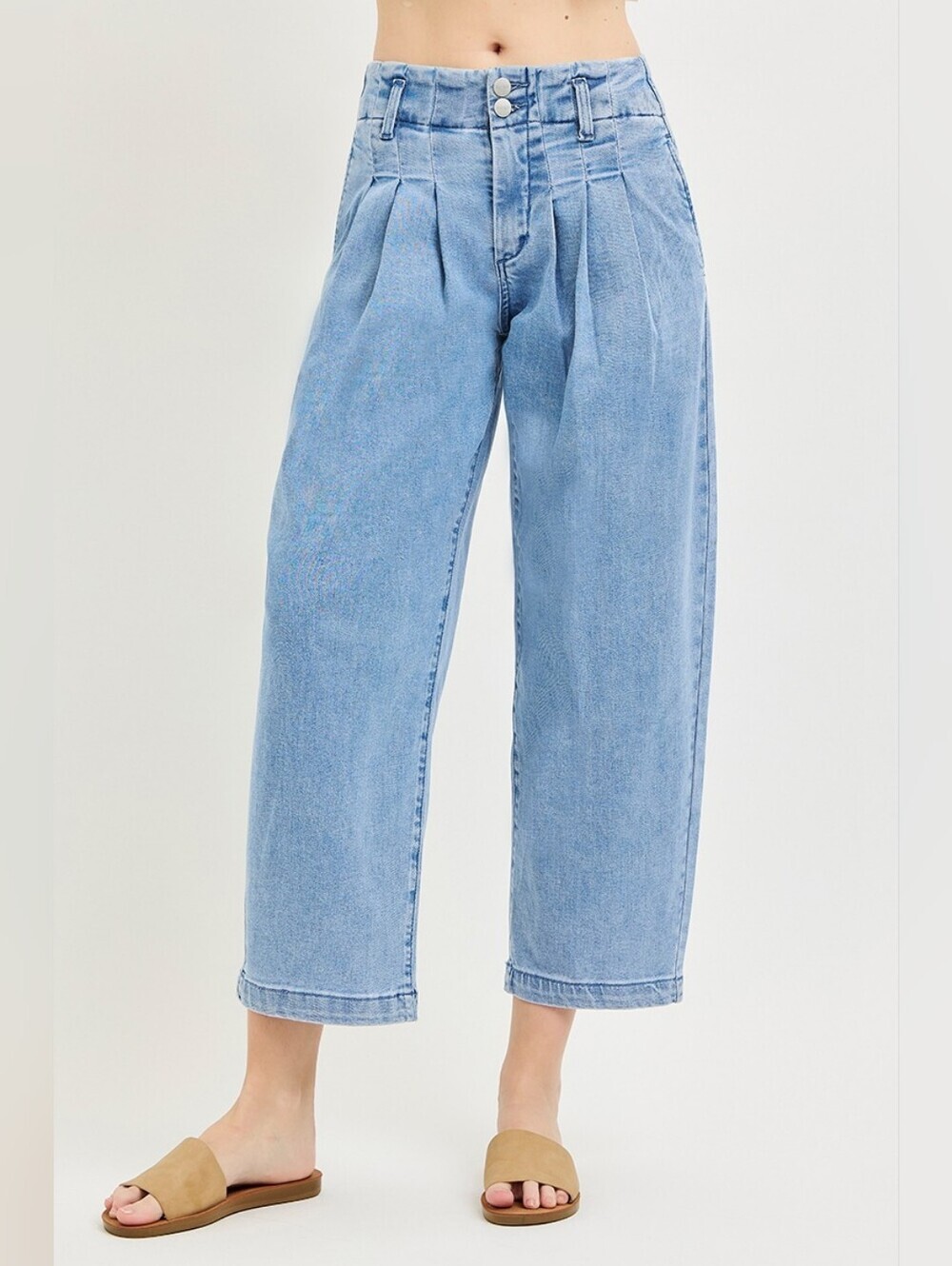 RISEN Medium Wash Barrel Jeans Slouchy Cropped Pleated 80s Retro Various NEW